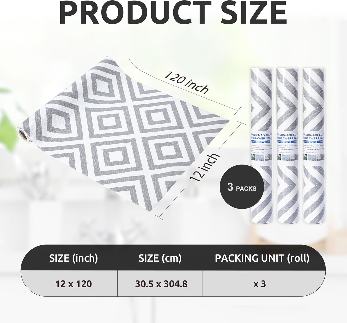 RAY STAR 12X120 Inch Shelf Liner for Kitchen Cabinets, Non-Adhesive Cabinet Liner Washable, PVC Drawer Liner for Dresser Non-Slip Bathroom (Modern Grey)(3 Roll)