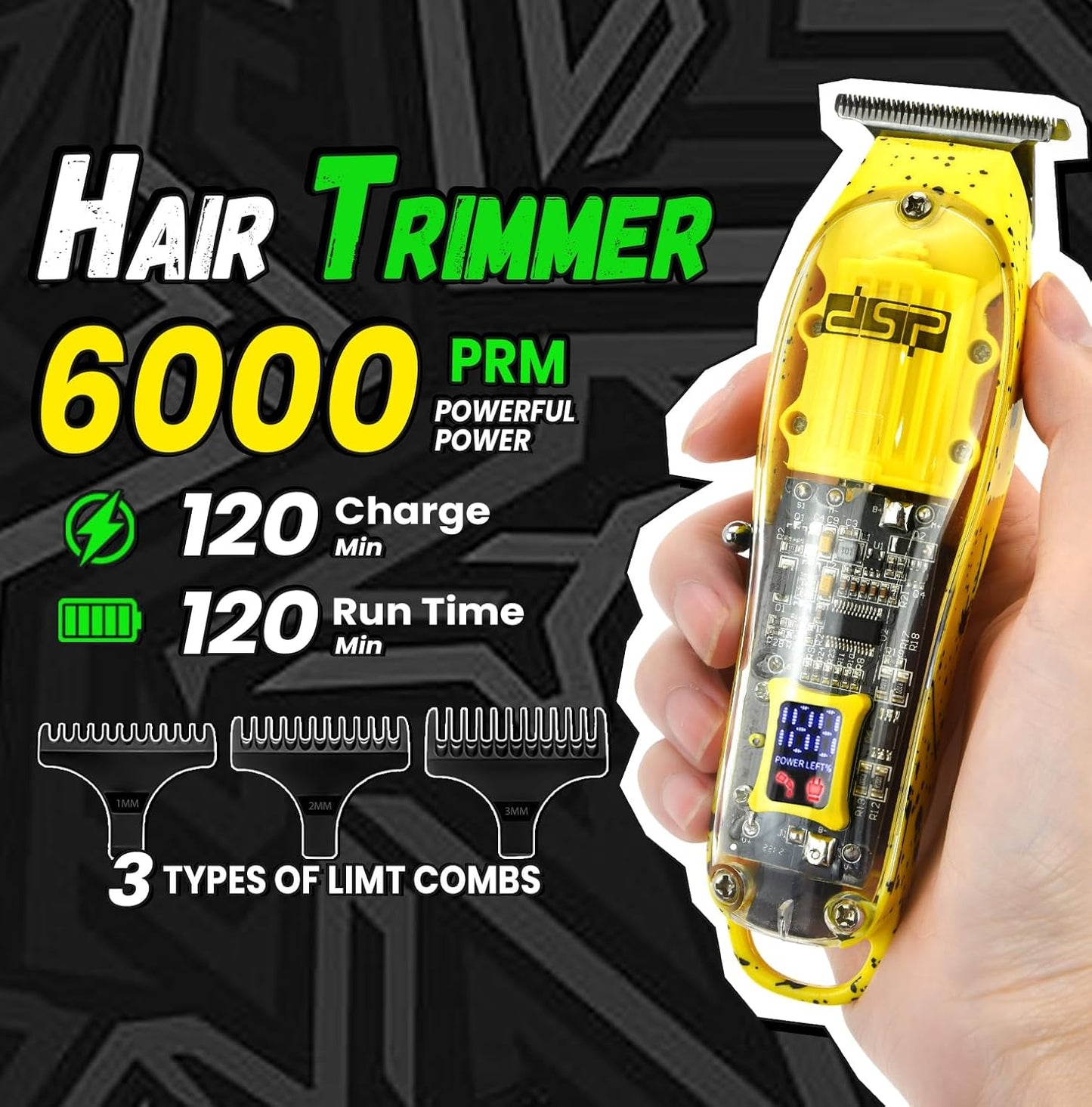 DSP Hair Clipper, Trimmer, Shaver Kits for Men Professional Barber Clipper and Trimmer Sets with Travel Case, Rechargeable, LED Display, Yellow