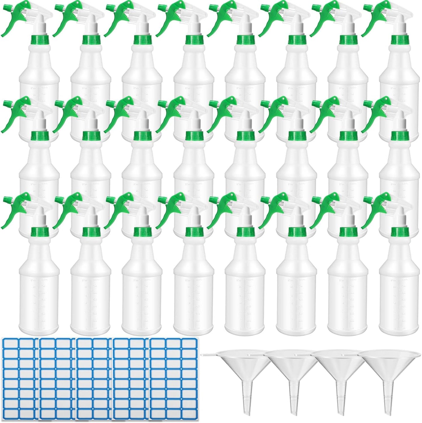 Zubebe 24 Pack 32 oz Plastic Spray Bottle Bulk Empty Leakproof Heavy Duty Spray Bottles for Cleaning Supplies Mist Bottles with Label and Adjustable Nozzle for Plant(Green,Clear Scale)