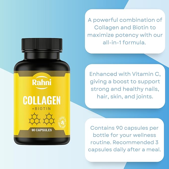 rahni Collagen | Biotin 1000 mcg | Supplement for Hair, Nails and Skin Growth | Joint Health Support | Hyaluronic Acid | Vitamin C | for Men & Women | Made in The USA | 90 Capsules