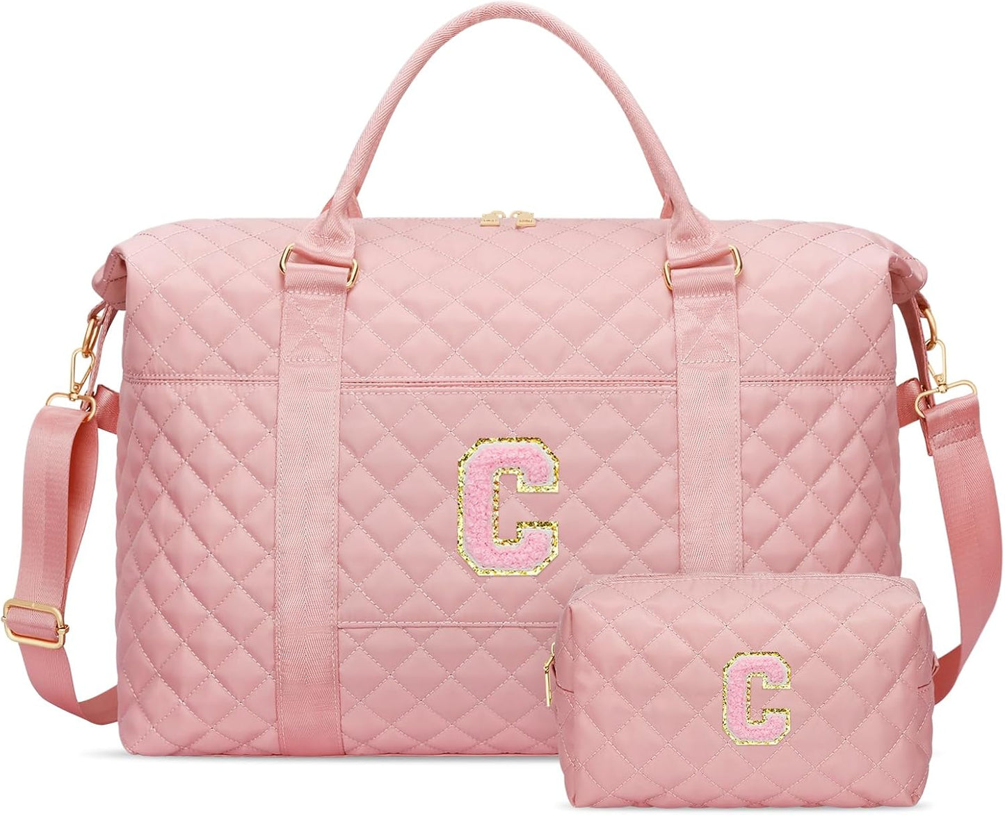 Gifts for Teen Girl, Initial Travel Duffle Bag, Personalized Women Weekender Overnight Bags, Gift for Daughter Kid Girl Wife Friend（Pink,C)