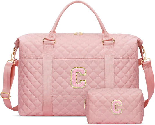 Gifts for Teen Girl, Initial Travel Duffle Bag, Personalized Women Weekender Overnight Bags, Gift for Daughter Kid Girl Wife Friend（Pink,C)