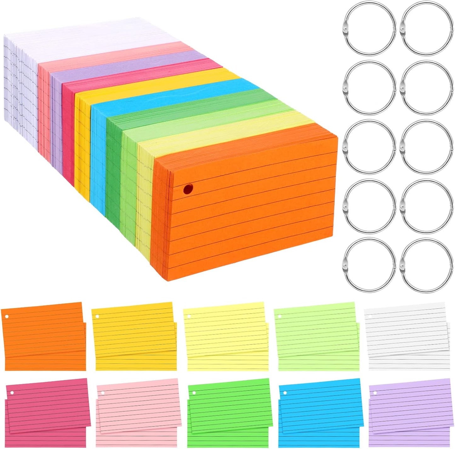 Patelai 1500 Pcs Index Cards Flash Cards with Rings 2 x 3.5 Inch Lined Notecards with 8 Pcs Metal Rings for Studying Learning Memory Office School Supplies(Mixed Color)