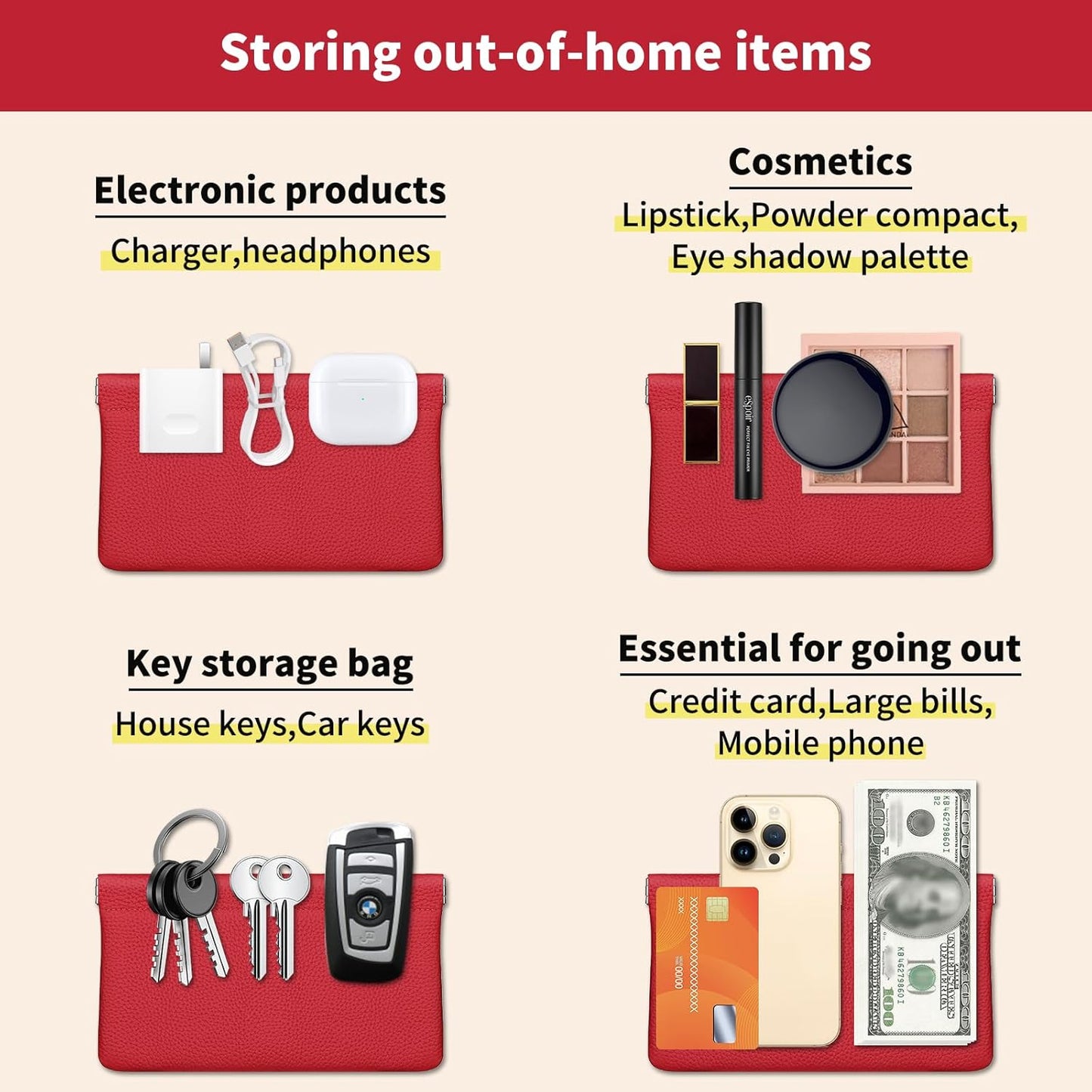 Genuine Leather Pocket Cosmetic Bag for Purse,Coin Purse Lipstick Cosmetic Accessories Travel Pouch for Storage Waterproof Portable No Zipper Self-closing Small Makeup Pouch (Red)