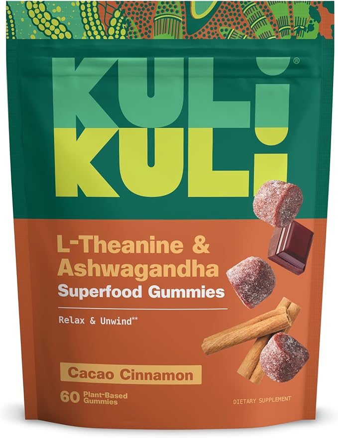 Kuli Kuli Super Gummies - Calming Supplements with Ashwagandha, L-Theanine & Cacao - Helps Support Relaxation & Rejuvenation - 60 Non-GMO, Gluten-Free Gummies
