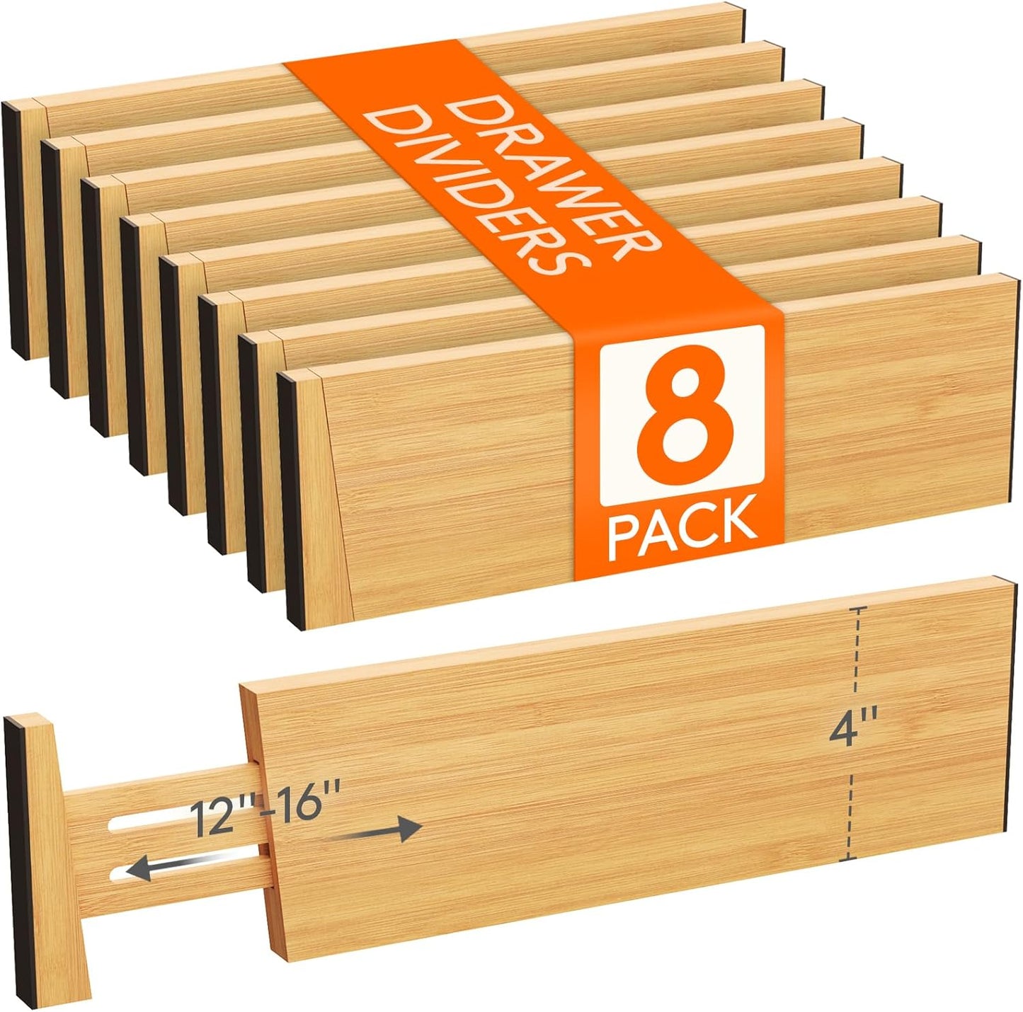 Lifewit 8 Pack 4" High Bamboo Drawer Dividers, 12-16" Adjustable Drawer Organizers for Clothes, Wood Dresser Drawer Divider, Expandable Deep Drawer Separators for Dresser, Kitchen, Bedroom, Bathroom
