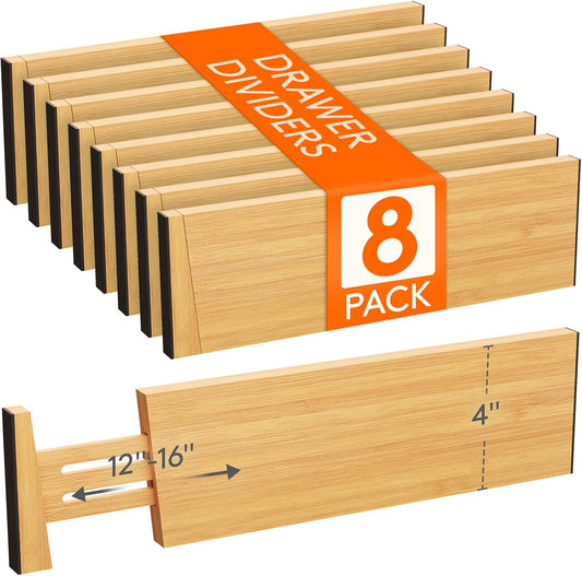 Lifewit 8 Pack 4" High Bamboo Drawer Dividers, 12-16" Adjustable Drawer Organizers for Clothes, Wood Dresser Drawer Divider, Expandable Deep Drawer Separators for Dresser, Kitchen, Bedroom, Bathroom