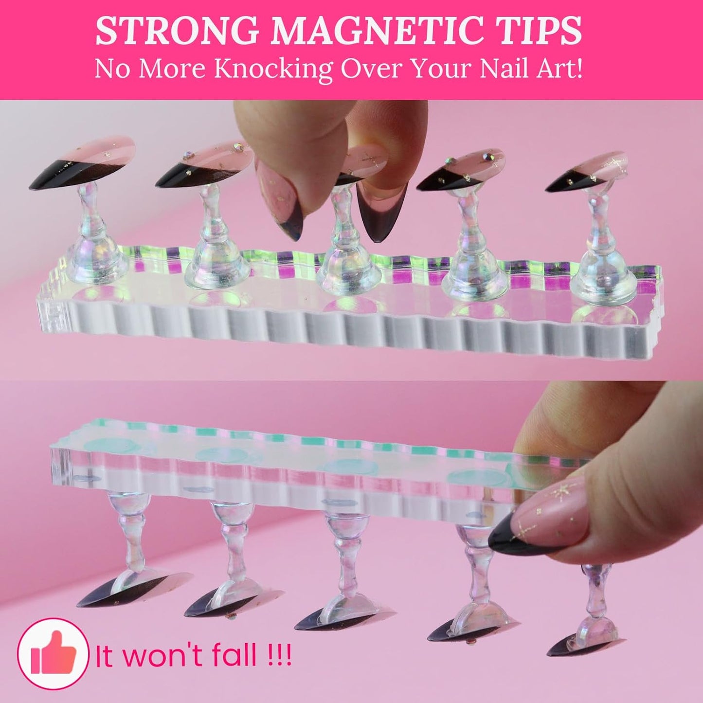 Nail Stand For Press On Acrylic Strong Magnetic Nail Holder Kit For Painting Nails Tip Arts Display With 200PCS Double-Sided Tape And 1 Heart Shaped Acrylic Magnetic Presson Stand Aurora