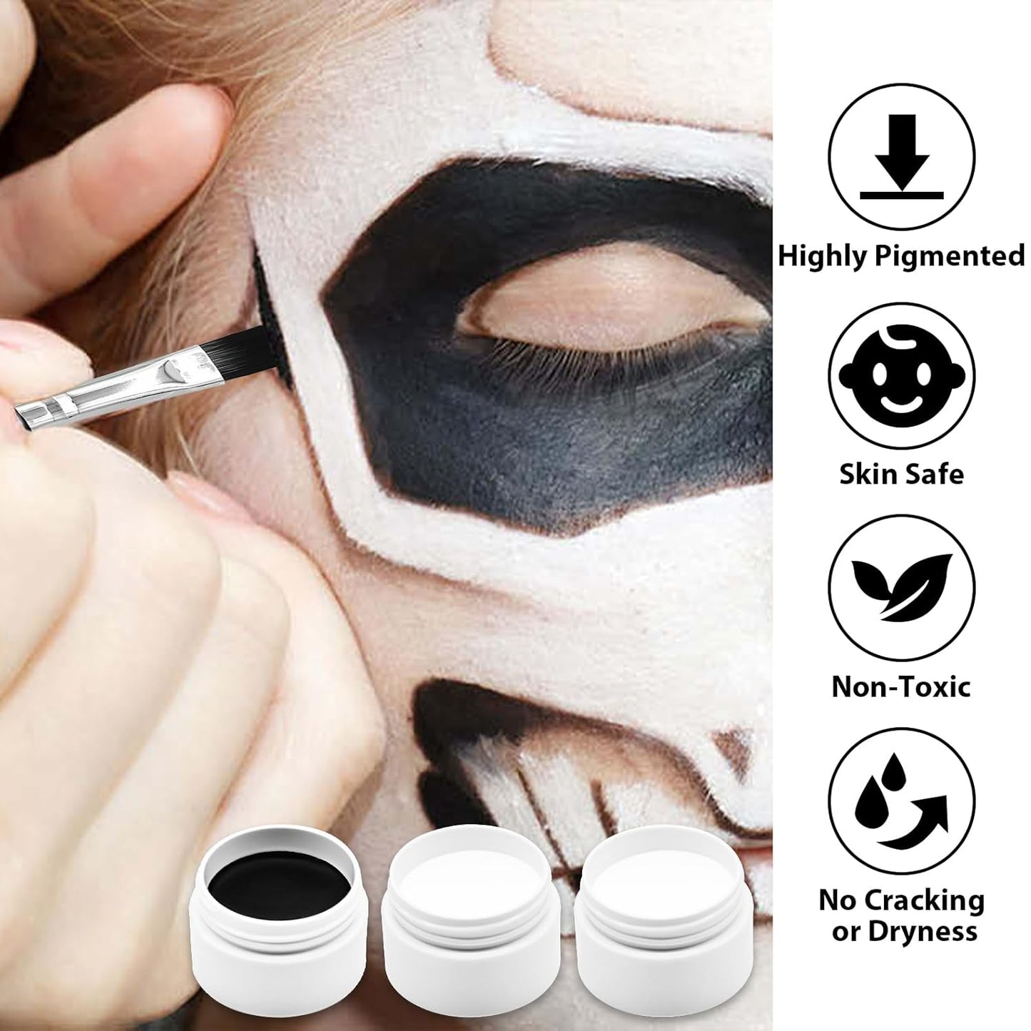 3-Piece Black White Face Paint Set (2 White, 1 Black) - 1.76 oz Each, Includes Sponge and Brushes, Professional SFX Makeup Kit for Halloween, Skeleton, Ghost, Skull Cosplay, Full Coverage Body Paints