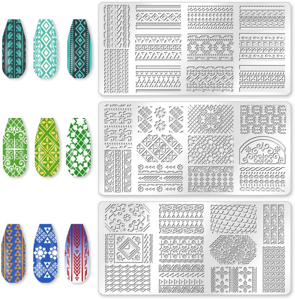 3Pcs Geometric Texture Nail Stamping Plate Set Aztec Retro Pattern Steel Nail Stamp Templates Clear Silicone Nails Stamping with Stamper Scraper for Manicure Printing
