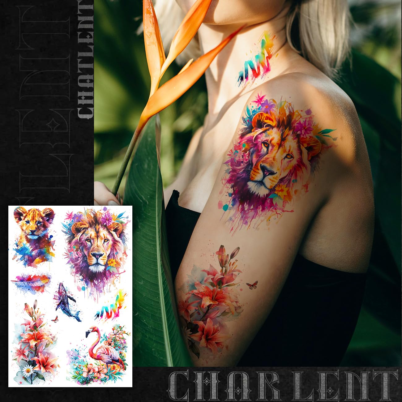 CHARLNET 3D Watercolor Temporary Tattoos For Women Men - 9 Sheets Large Realistic Watercolor Flower Lion Tiger Horse Tattoos for Adults Body Art/Long Lasting/Waterproof