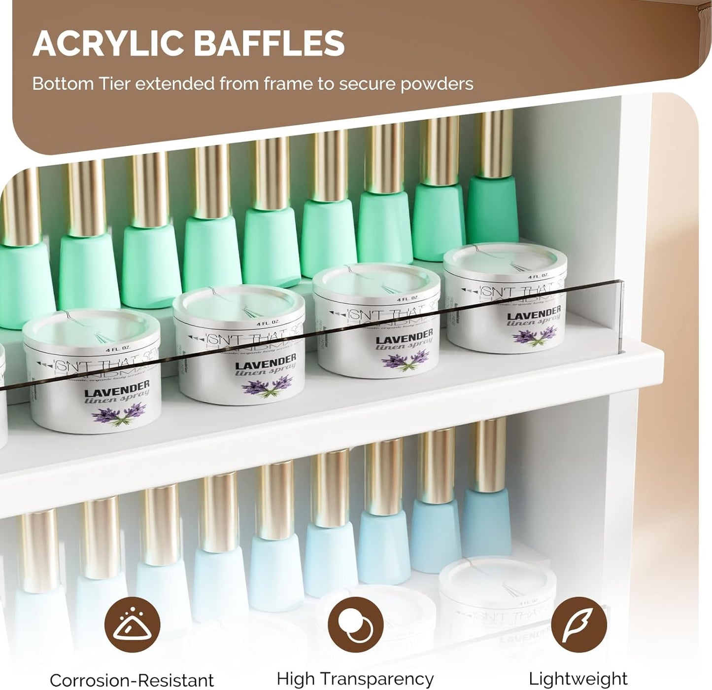 OmySalon Powder & Polish Rack - 6-Tier Double Nail Polish Organizer Wall-Mounted Salon Display Rack with Acrylic Barrier for Nail Salon Spa Home Beauty Studios (White)