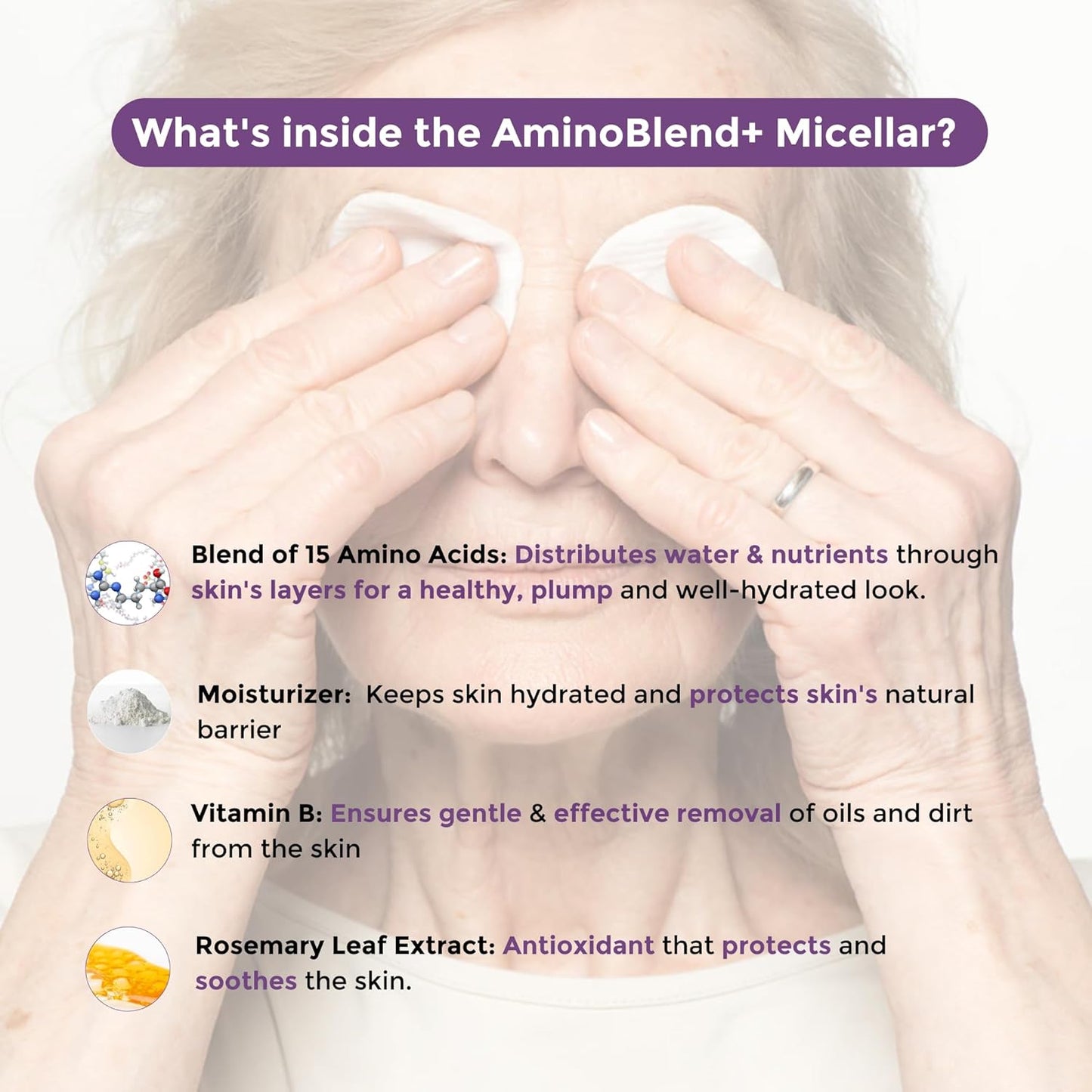 Rumi Cosmetiques AminoBlend+ Micellar Makeup Remover for Older Women with Sensitive Skin - Face Cleanser, Makeup, Mascara Removal | Gentle Cleanse & Nourish Your Skin - Cruelty-Free & Vegan