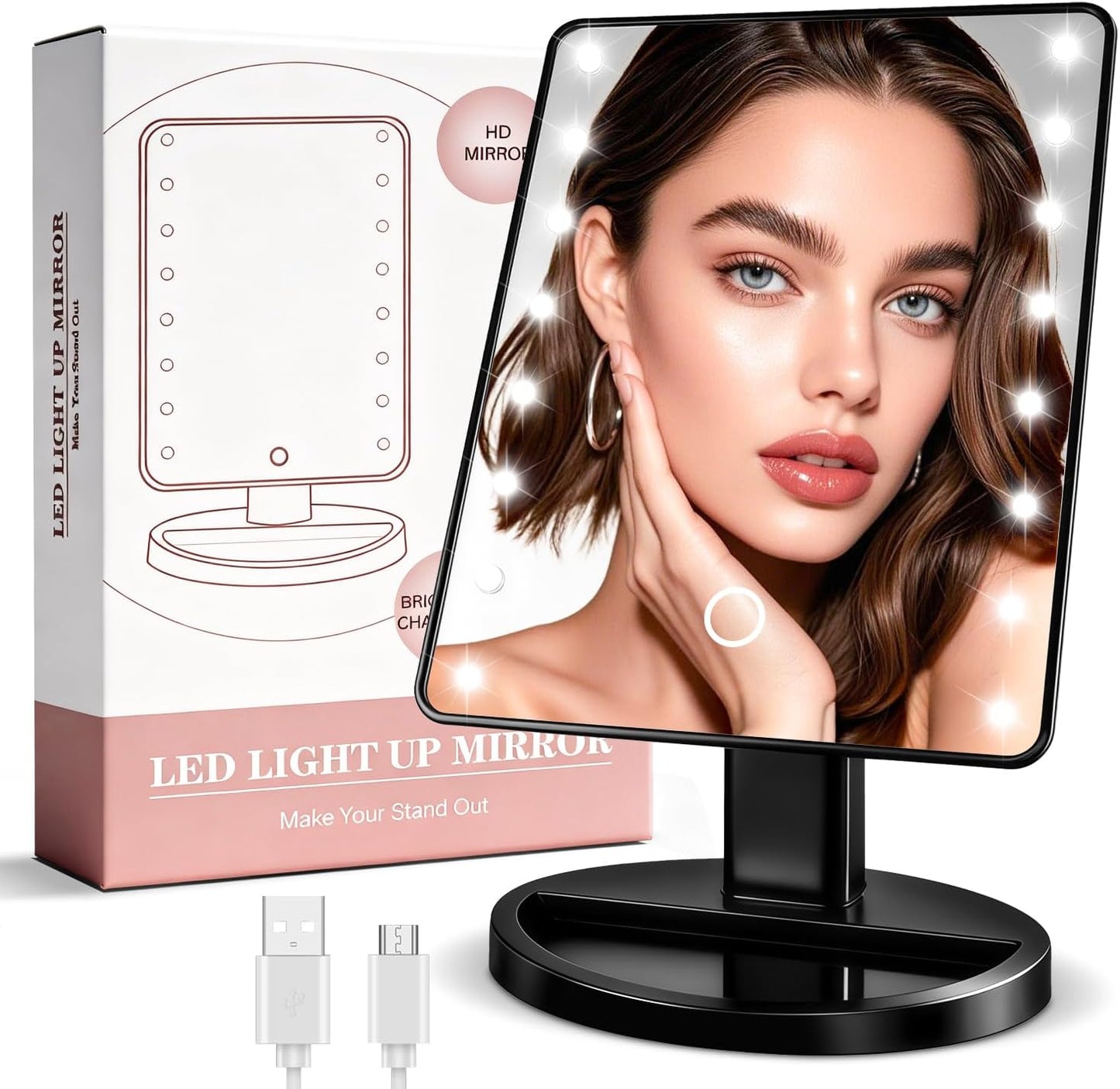 KOOKIN Lighted Vanity Makeup Mirror Led Lights 180 Degree Rotation Lighted Mirror Touch Screen Adjusted Brightness Desk Mirrors USB Dual Supply Bathroom Beauty Cosmetic Mirrors (Black)