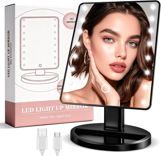 KOOKIN Lighted Vanity Makeup Mirror Led Lights 180 Degree Rotation Lighted Mirror Touch Screen Adjusted Brightness Desk Mirrors USB Dual Supply Bathroom Beauty Cosmetic Mirrors (Black)