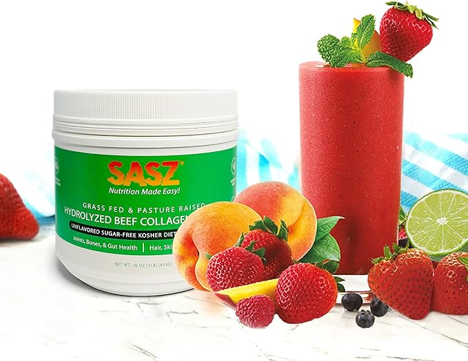 SASZ Hydrolyzed Bovine Collagen Peptides Powder 1lb Jar Clean Collagen Unflavored Grass-Fed Non-GMO Kosher Highly Soluble Protein