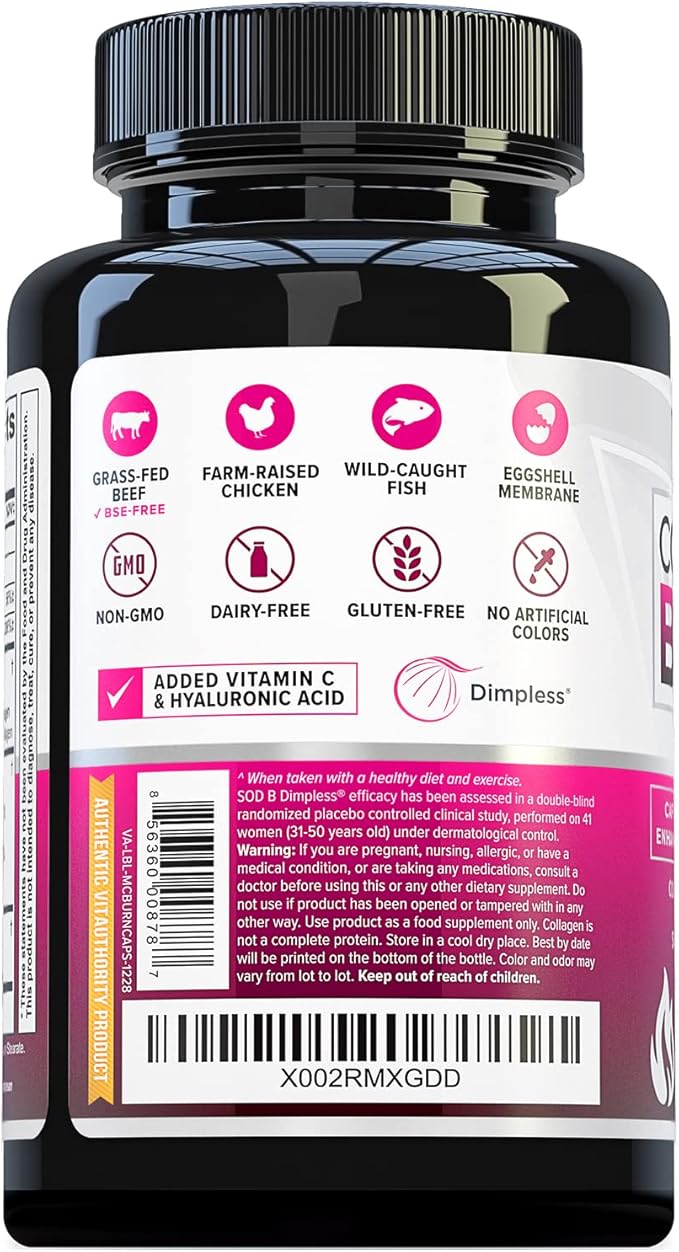 Multi Collagen Burn: Multi-Type Hydrolyzed Protein Peptides with Hyaluronic Acid, Vitamin C, SOD B Dimpless, Types I, II, III, V and X, Caffeine-Free (Unflavored Capsules)