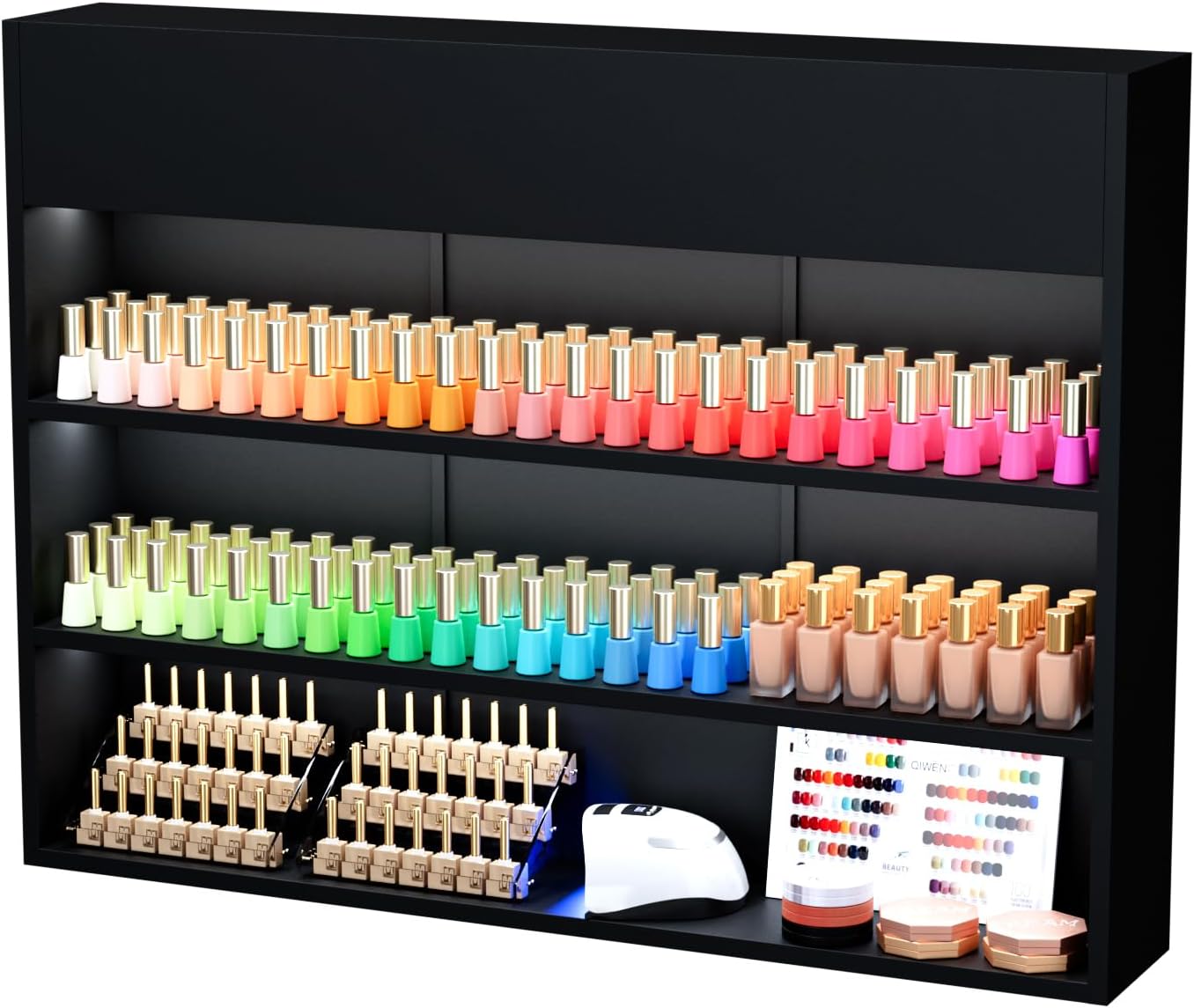 OmySalon Wall Mounted Display Rack, 47.6-Inch 3-Tier LED Nail Polish Organizer Shelf with USB Touch Control, for Nail Salon, Spa, Beauty Studio Storage, Wooden Retail Display (Black)