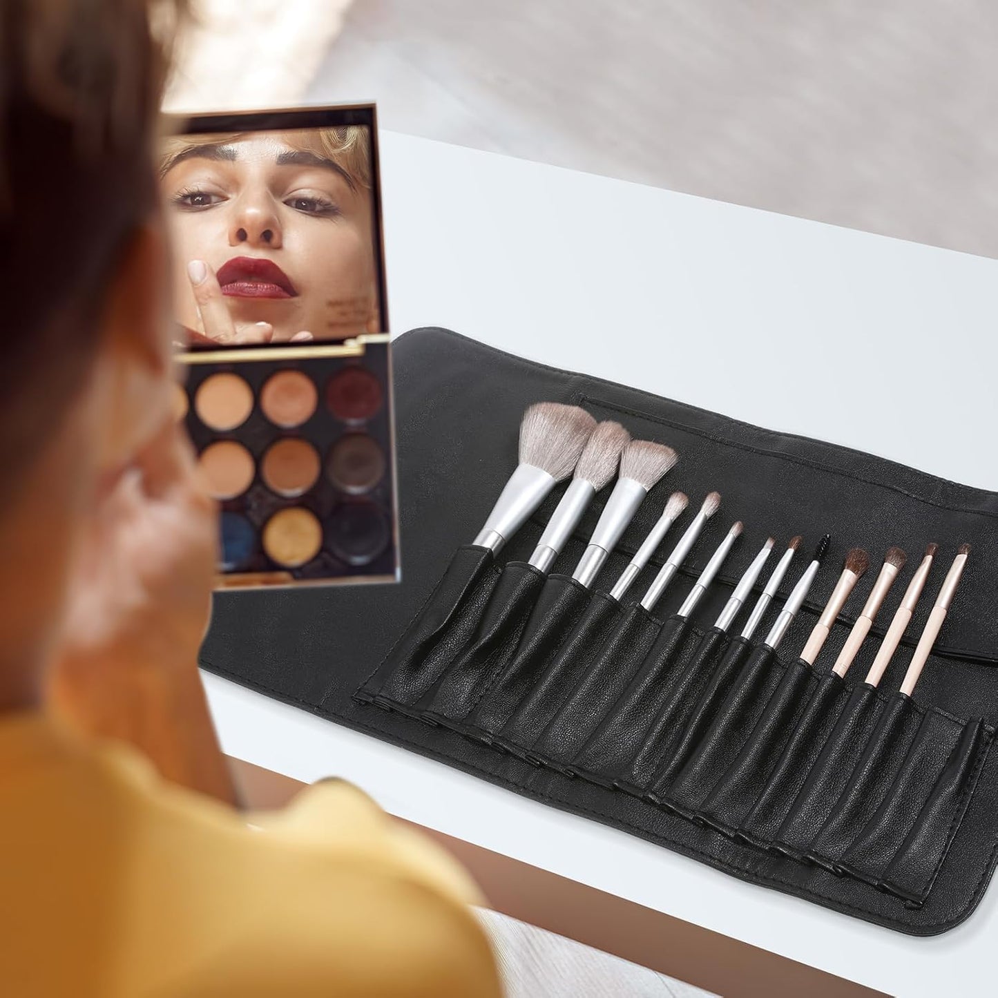 Makeup Brush Case Travel, Makeup Brush Case Roll Up, Brush Holder Organizer Pouch Cosmetic Bag for Travel, Rolling Bag Storage Case PU Leather