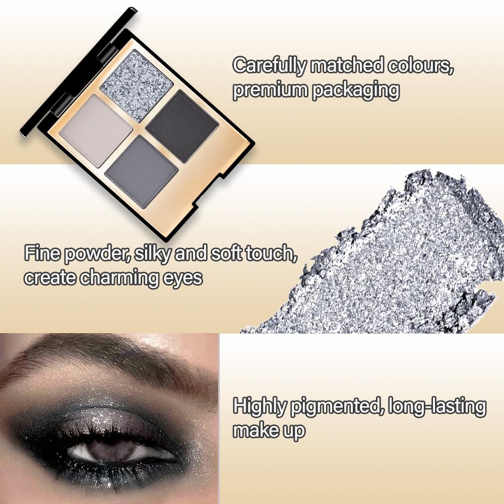 Eyeshadow Quad Makeup Palette – 4 Shades of Black, Gray, Natural, Nude & Smoky Tones, Blendable Matte & Shimmer, Long-Lasting Waterproof, Perfect for Mature & Young Women, with Built-In Mirror 01#