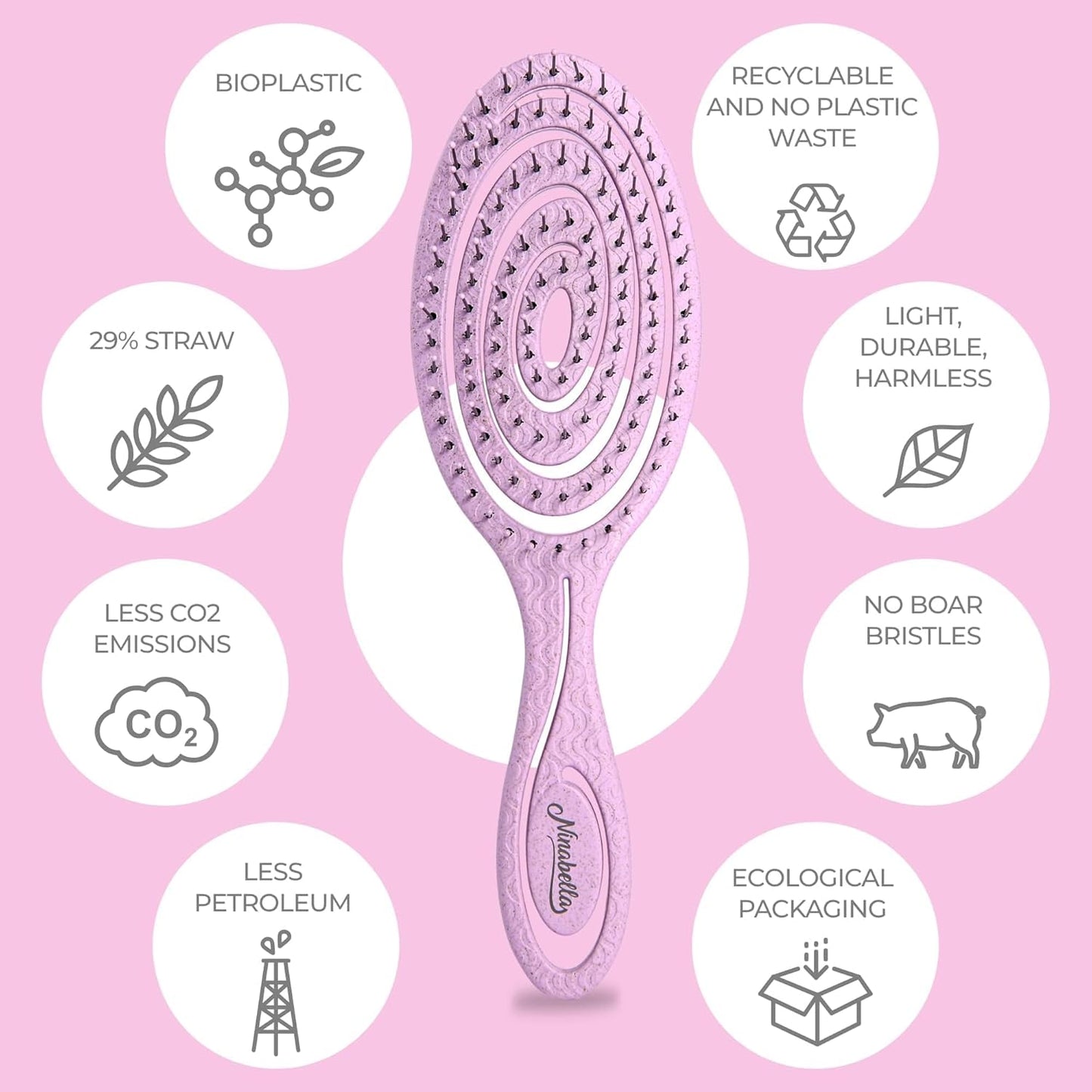 Ninabella Detangle Hair Brush for Women & Men - Does not Pull - Straightening Brushes for Straight & Curly Hair - Unique Spiral Detangling Hairbrush - Pink