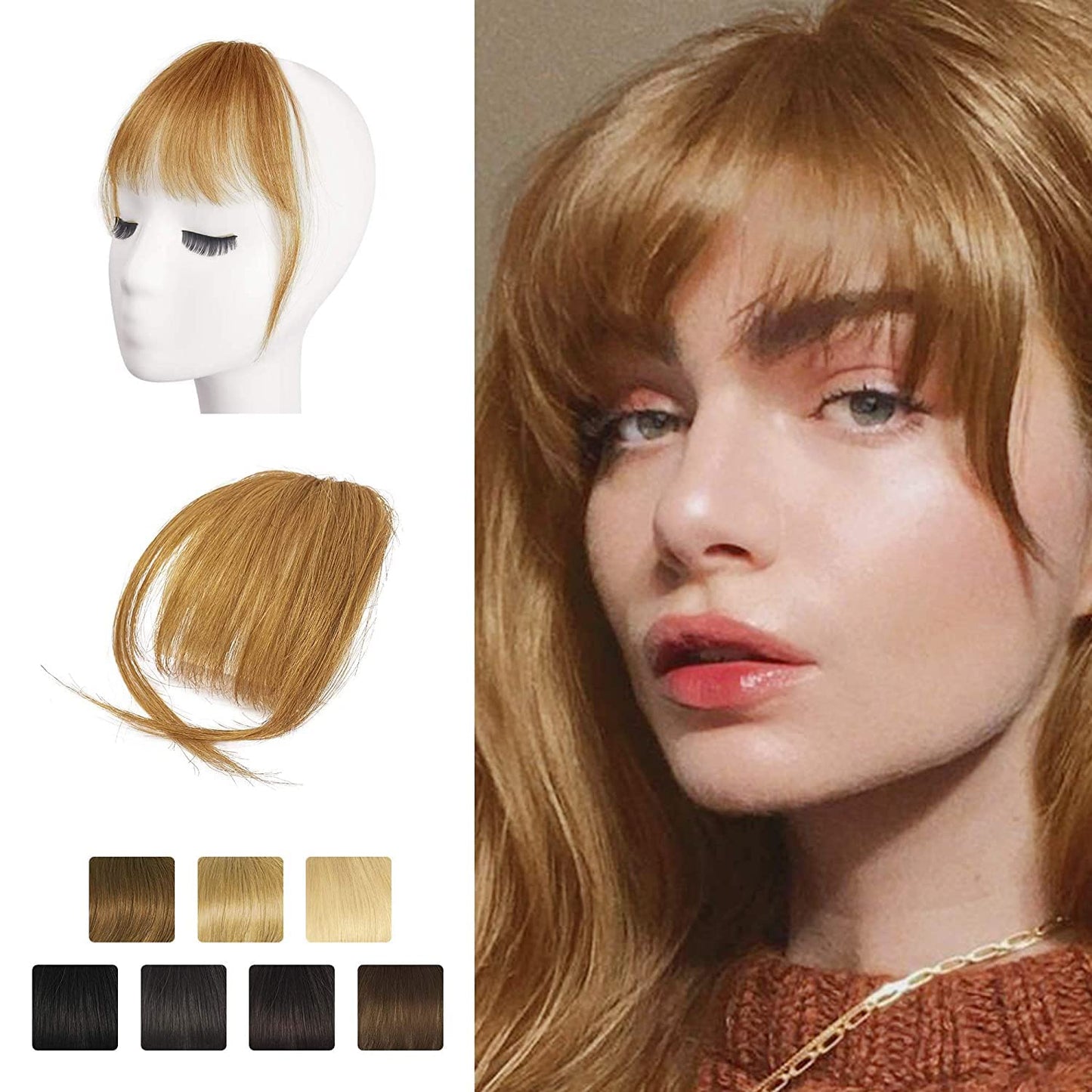 BARSDAR Clip in Bangs Human Hair - Real Human Hair Clip in Bangs for Women - Ginger Blonde Wispy Bangs Extensions Fringe with Temples Dyeable Real Hair Bangs Hairpieces - Golden Ginger Blonde