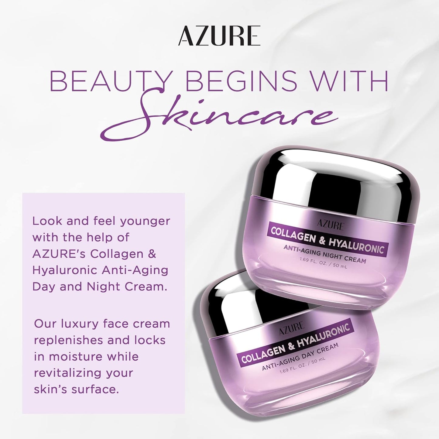 Azure Cosmetics Collagen & Hyaluronic Acid Face Moisturizer - Dermatologist Tested, Anti-Aging Cream for Fine Lines & Wrinkles - Ultra Hydrating Face Cream - Korean Skin Care - Day & Night Duo Set