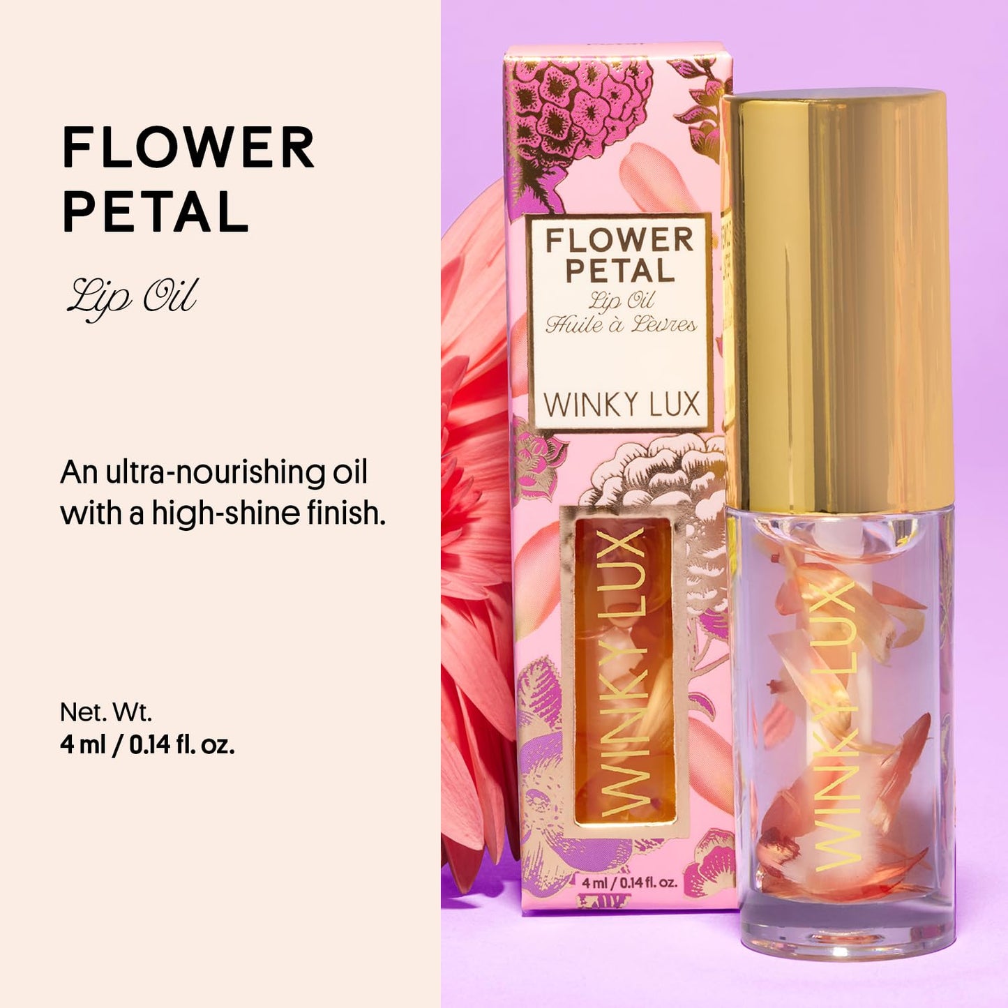 Winky Lux Flower Petal Lip Oil - Silky Shine & Hydrating Non Sticky Lip Gloss, Infused with Real Flower Petals & Nourishing Jojoba Oil, with Soft Vanilla Scent