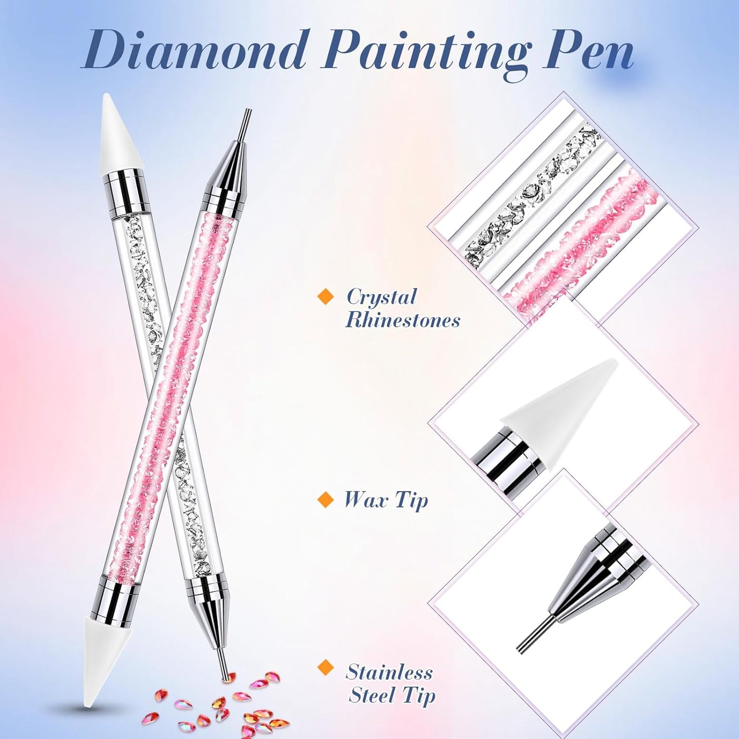 Tatuo 2 Pieces Rhinestone Picker Dotting Pen, Dual-ended Rhinestone Gems Crystals Studs Picker Wax Pencil Pen Crystal Beads Handle Manicure Nail Art DIY Decoration Tool (Pink, White)