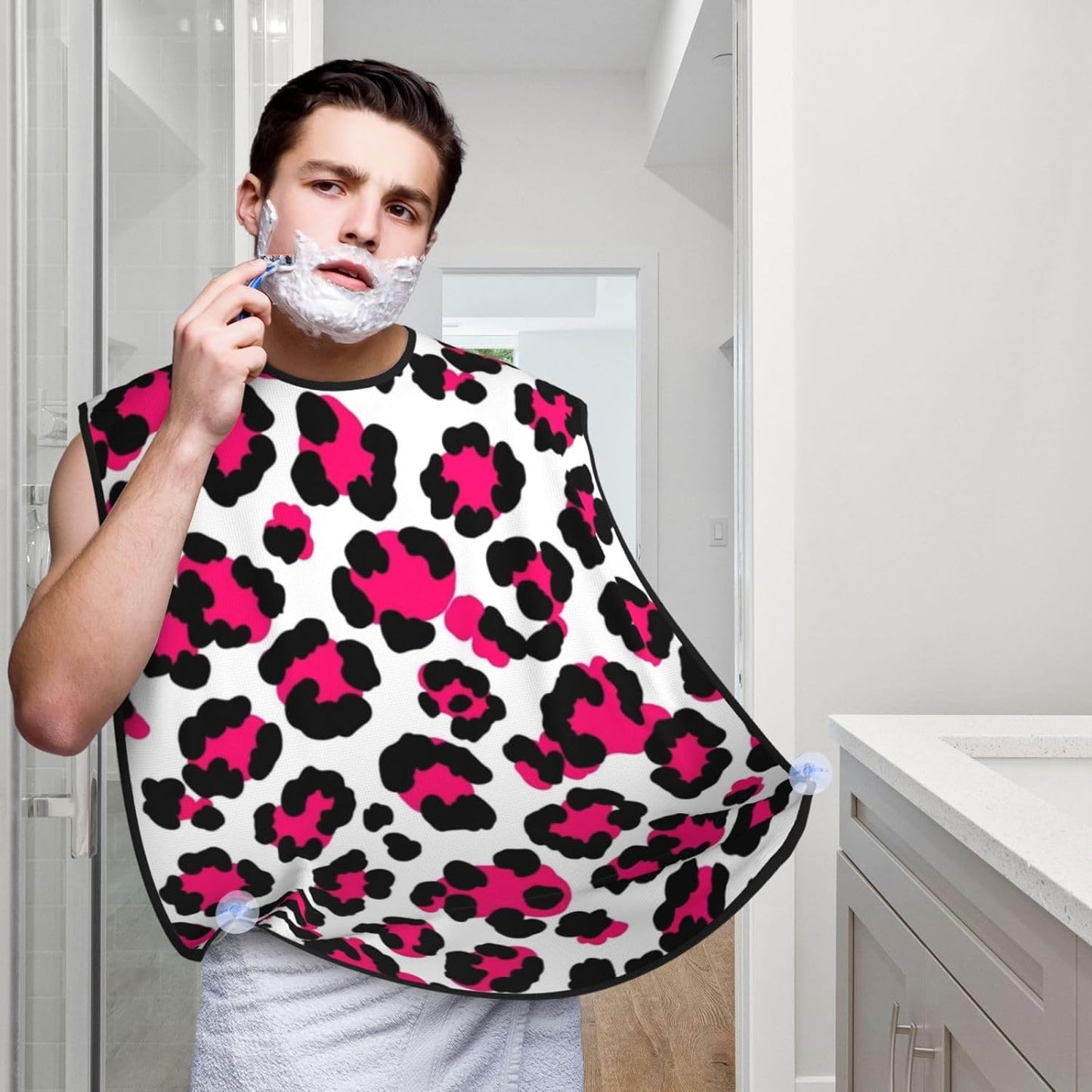 Beard Apron Hair Catcher, White Pink Cheetah Leopard Print Shave Bib, Waterproof Non-Stick Shaving Bib, Trimming Grooming Tool for Dad Men Anniversary