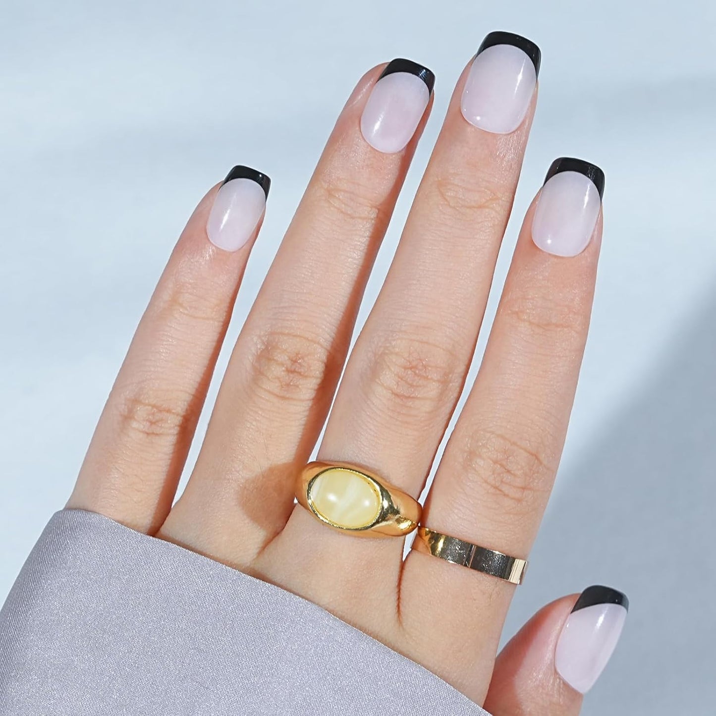 French Tip Press On Nails - Gothic Square,Black Halloween Press On Nails, Acrylic Square Short Halloween Nails with Nail Glue, Fit Perfectly & Natural Stick On Nails in 16 Sizes - 32 PCS Soft Gel Kit