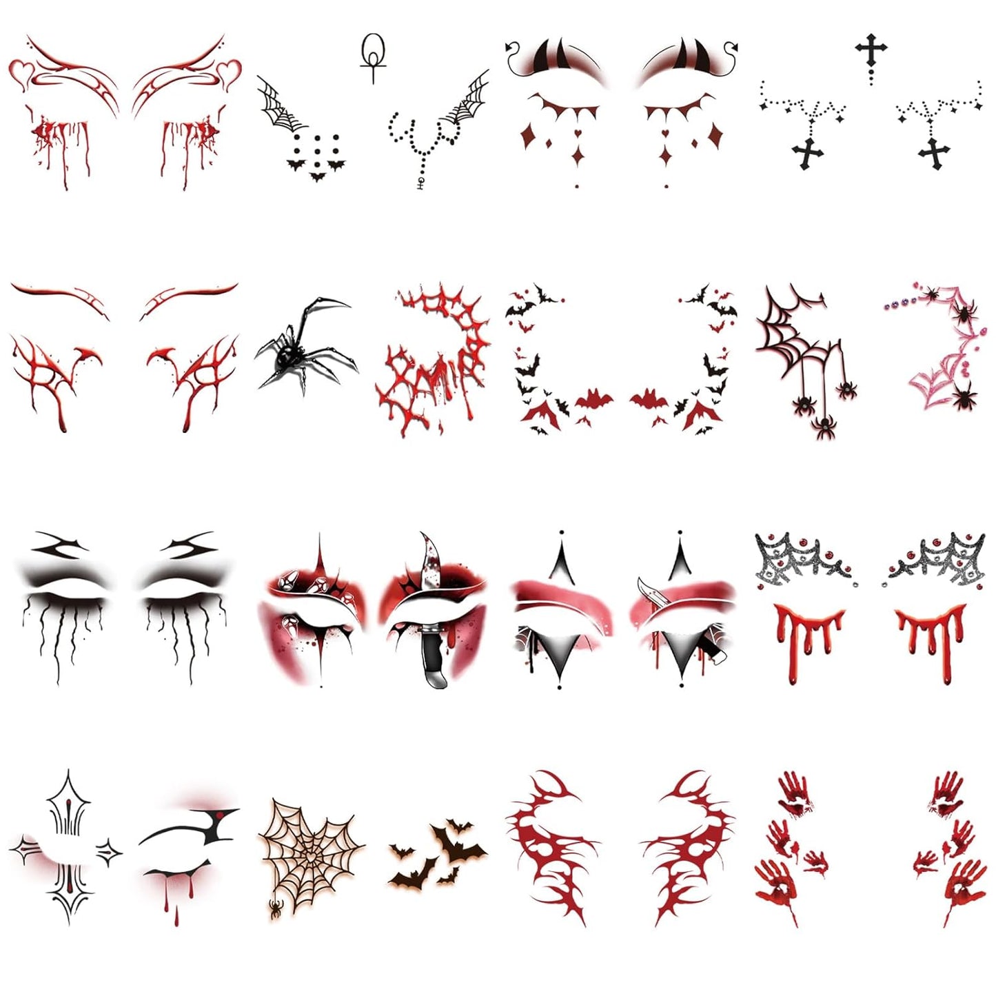 16 Sheets Halloween Face Temporary Tattoo, Spiders Web Bats Skulls Bloody Palm Upper & Lower Lash Realistic Designs Scary Motifs Tattoos for Men & Women Cosplay Party & Festive Face Makeup Decoration