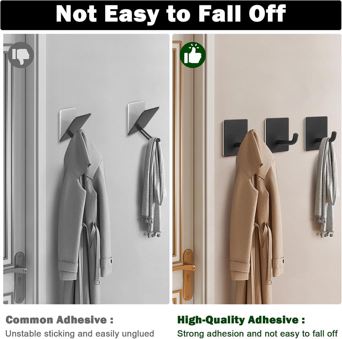 Livabber Adhesive Towel Hooks, 304 Stainless Steel Self Sticky Wall Hooks Waterproof Shower Hooks for Robe/Clothes, No Drilling Towel Hangers for Bathroom Kitchen Bedroom (Black, 6 Packs)