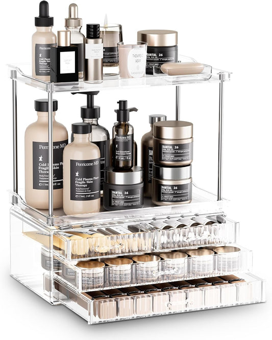 Acina 2-Tier Bathroom Organizer Countertop: Multi-Purpose Makeup Organizer - Large Skincare Exquisite Vanity Organizer for Cosmetics, Perfume Amber Clear
