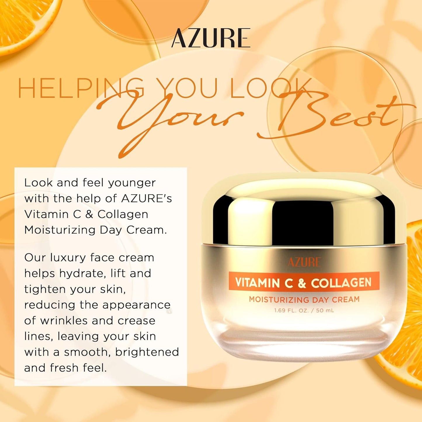 Azure Cosmetics Vitamin C & Collagen Face Moisturizer - Dermatologist Tested, Anti-Aging, Skin Tightening & Brightening, Clean, Cruelty-Free Face Cream - Korean Skin Care - All Skin Types - 2 Pack