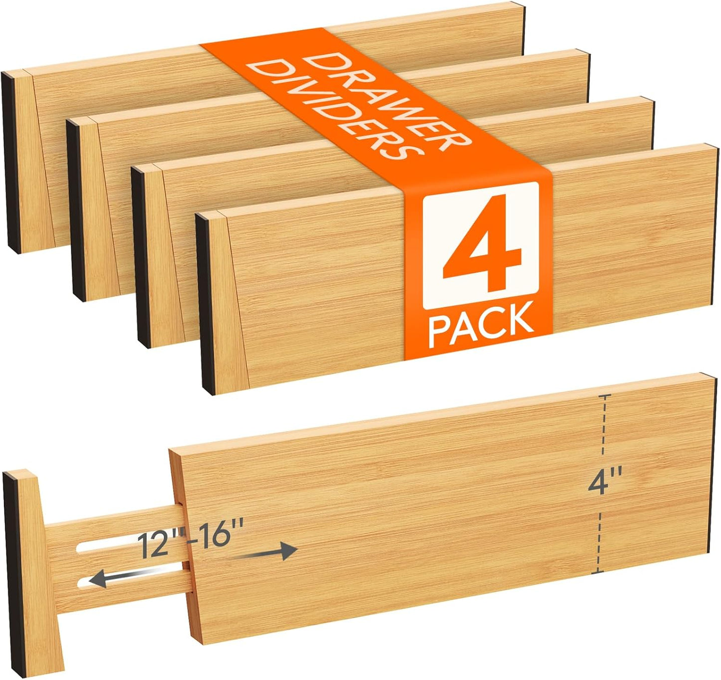 Lifewit 4 Pack 4" High Bamboo Drawer Dividers, 12-16" Adjustable Drawer Organizers for Clothes, Wood Dresser Drawer Divider, Expandable Deep Drawer Separators for Dresser, Kitchen, Bedroom, Bathroom
