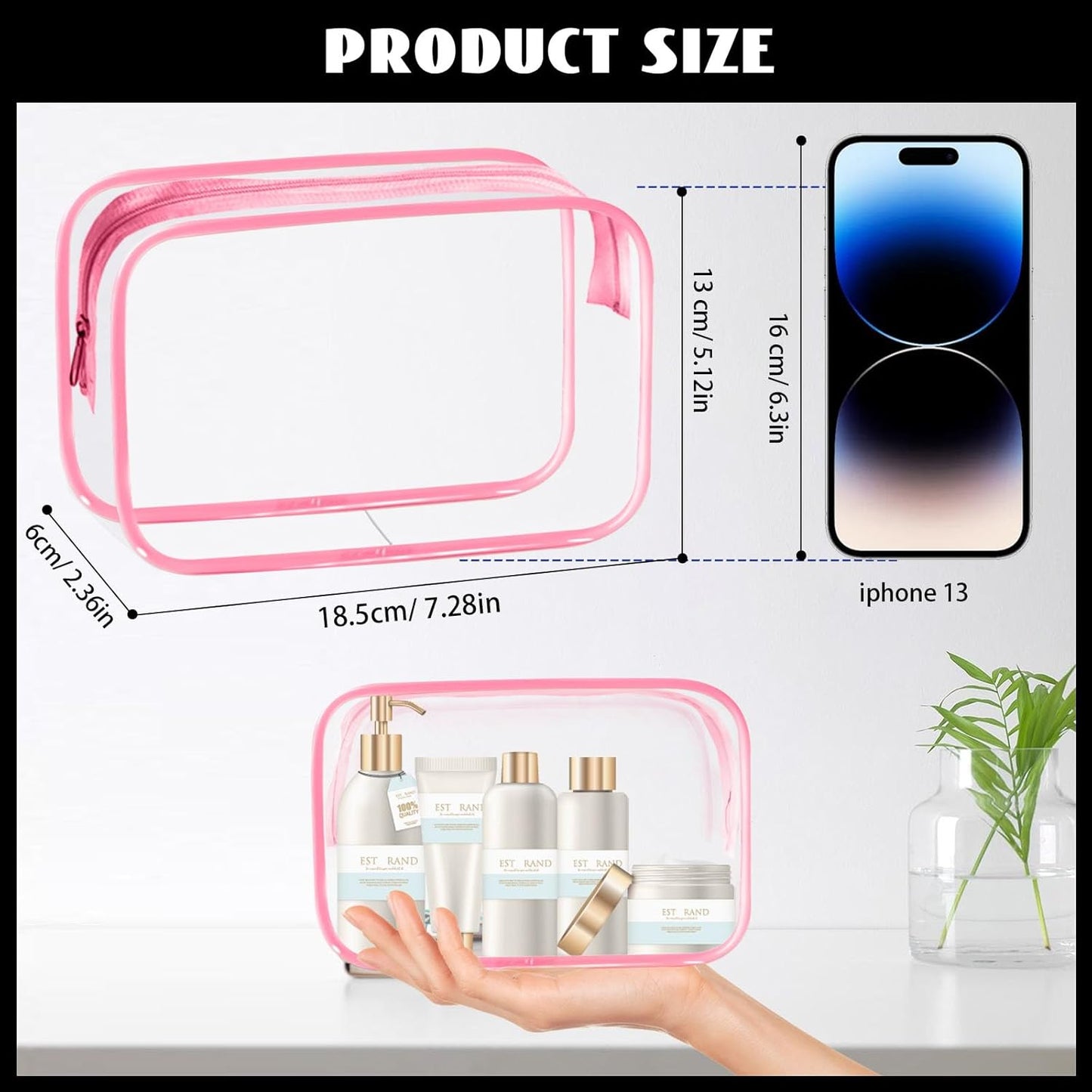 16-Piece Makeup Bags, Waterproof Toiletry Bag Carry Pouch Portable Cosmetic Bag PVCTravel Clear Pouches Carry-on Travel Essentials Transparent Storage Organizer Bag (Rose Pink-M)
