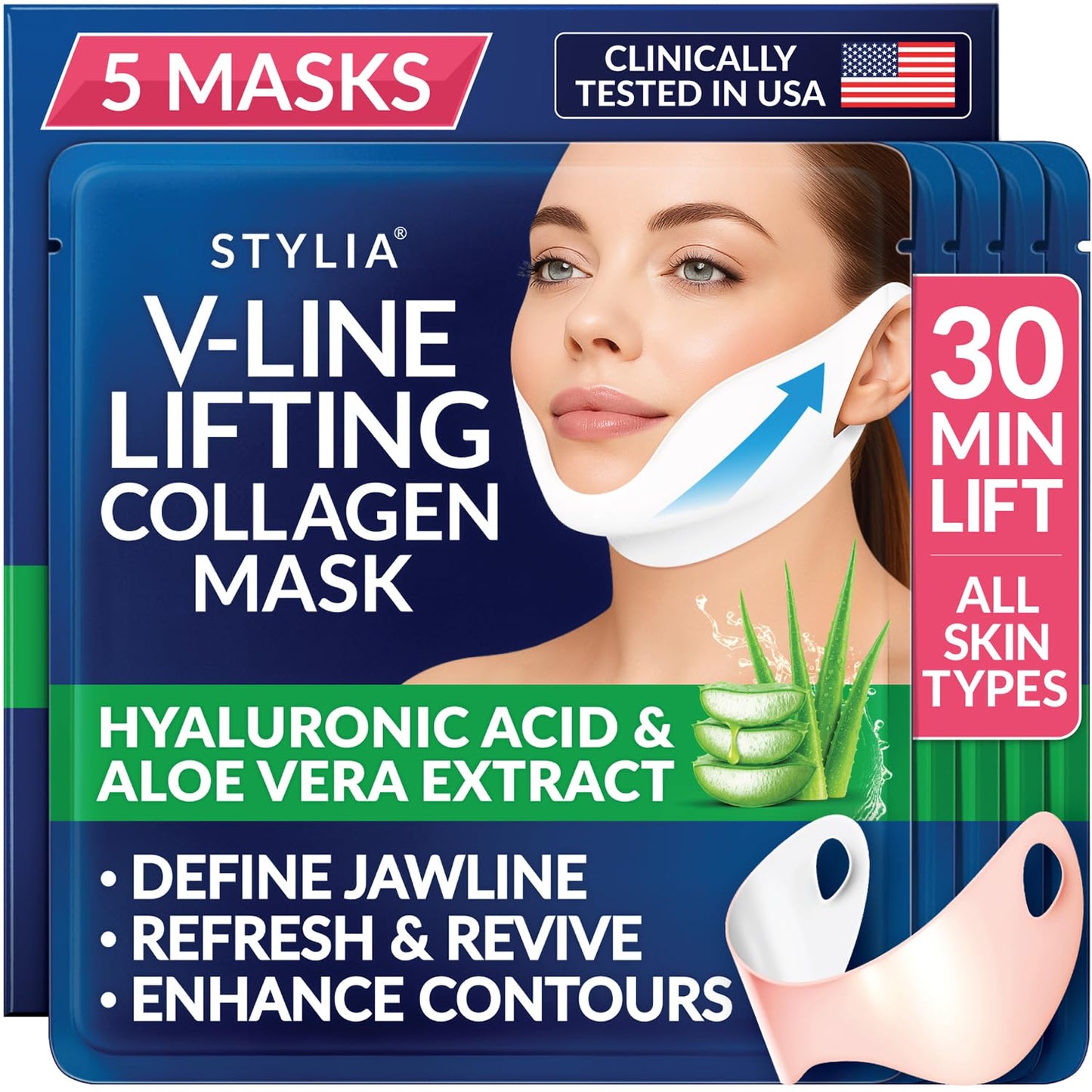 Stylia V Line Lifting Collagen Face Mask - Lift, Firm & Contour Jawline - Double Chin Strap with Hyaluronic Acid & Aloe Vera - Hydrating Neck & Face Tightening Mask - Chin Strap for Sleeping (5PC)