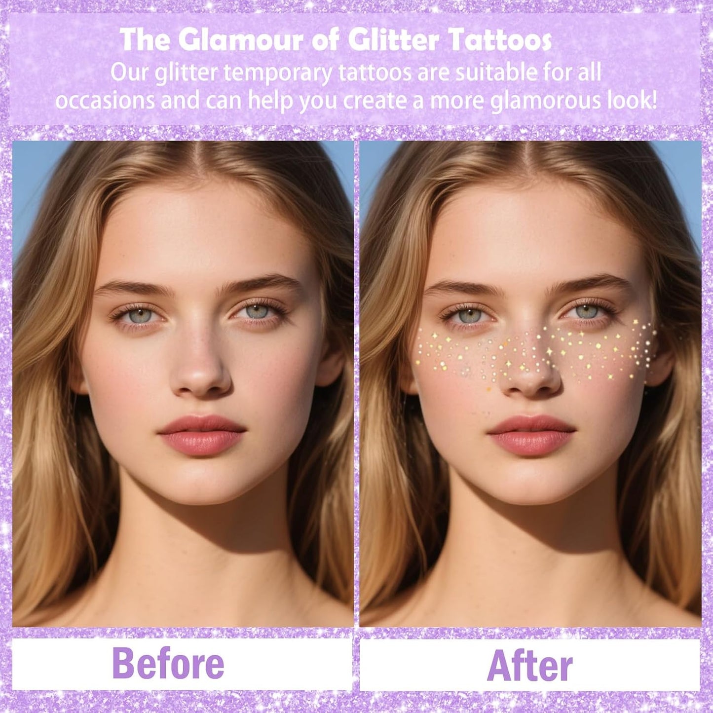 Yosca Glitter Freckles Face Tattoo, 6Pcs Metallic Silver Temporary Tattoos for Body Face Freckle Makeup, Waterproof Glitter Makeup Patches for Festival Concert Party Girl Women Rave Accessories