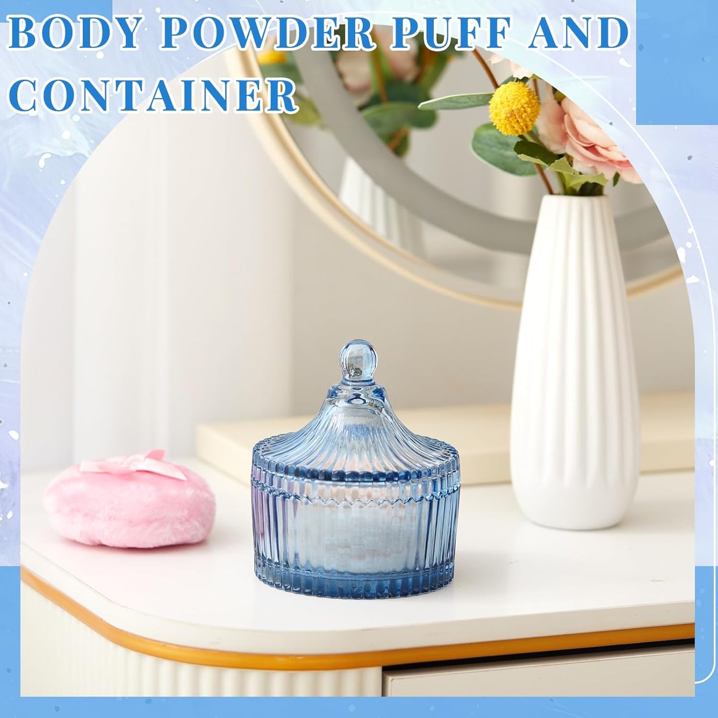 Tioncy 3 Pcs Large Body Powder Puff and Container Crystal Container Soft Washable Reusable Velour Face Body Glitter Powder Puff Wet Dry Makeup Simple Style (Blue)