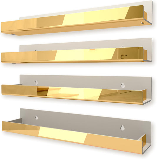 4 Pack 15 Inch Gold Reflective Acrylic Shelves, Gold Foating Shelves, Modern Sunglasses Essential Oil Picture Ledge Display Toy Storage Shelf