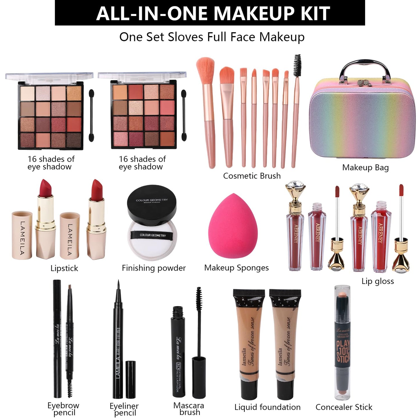 All in One Makeup Kit for Teen Girls - 2X16 Colors Eyeshadow, Liquid Foundation, Eyeliner Pencils, Contouring Stick, Lip Gloss, Eyebrow Pencils & 8pcs Makeup Brushes (Rainbow)