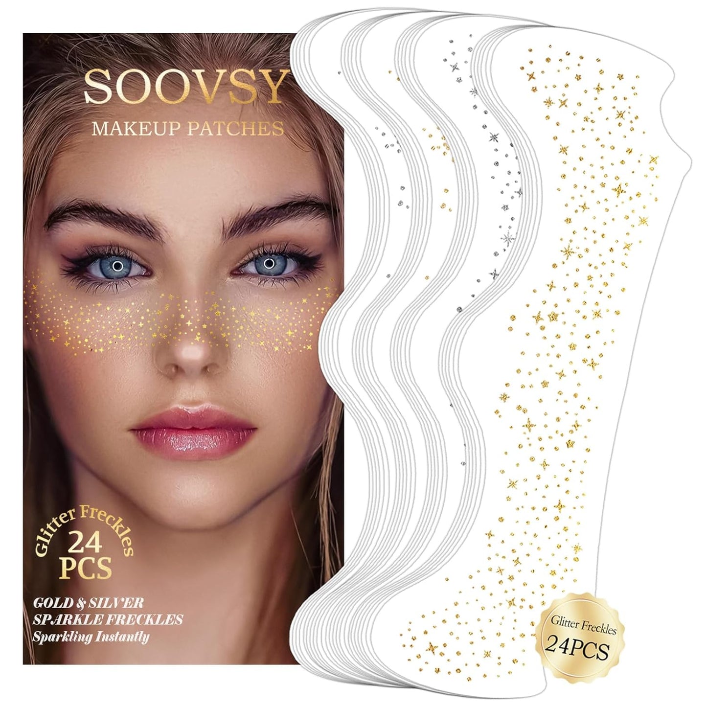 24pcs Gold and Silver Glitter Freckles Face Tattoo, Sparkle Freckles Temporary Face Tattoos, Body Face Glitter Makeup Patches Speckles, Waterproof Long Lasting Makeup Accessories for Women Girls
