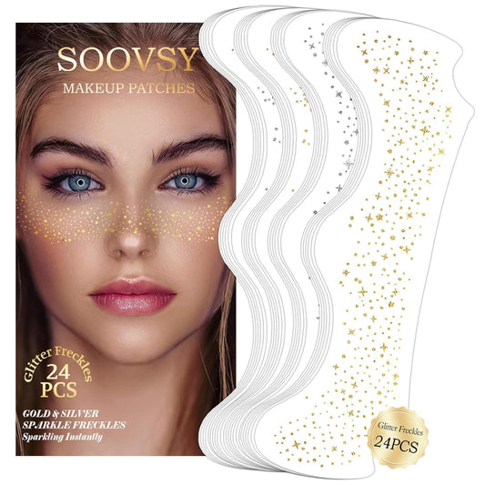 24pcs Gold and Silver Glitter Freckles Face Tattoo, Sparkle Freckles Temporary Face Tattoos, Body Face Glitter Makeup Patches Speckles, Waterproof Long Lasting Makeup Accessories for Women Girls