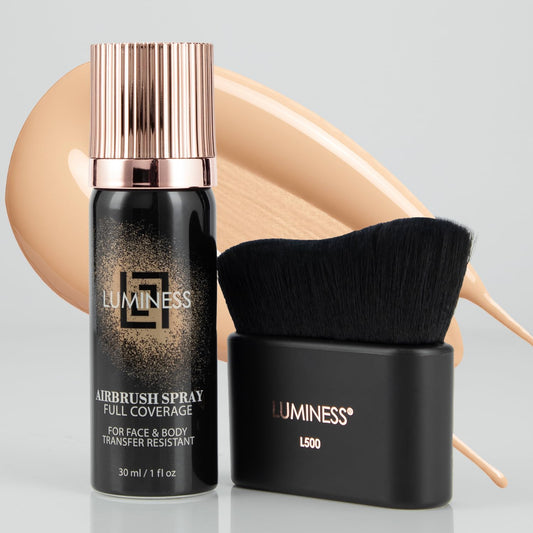 LUMINESS Airbrush Body Coverage with Self Tanner Brush - Tattoo Cover Up Makeup - Full Coverage Foundation for Face & Body - Water-Resistant, Long-Wear, Natural Radiant Finish, Fair