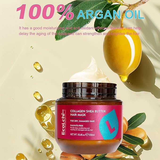 Collagen Hair Mask Shea Butter & Argan Oil Hair Serum Set - Deep Conditioning Hair Treatment Mask Organic Natural Essence for Dry Damaged Hair
