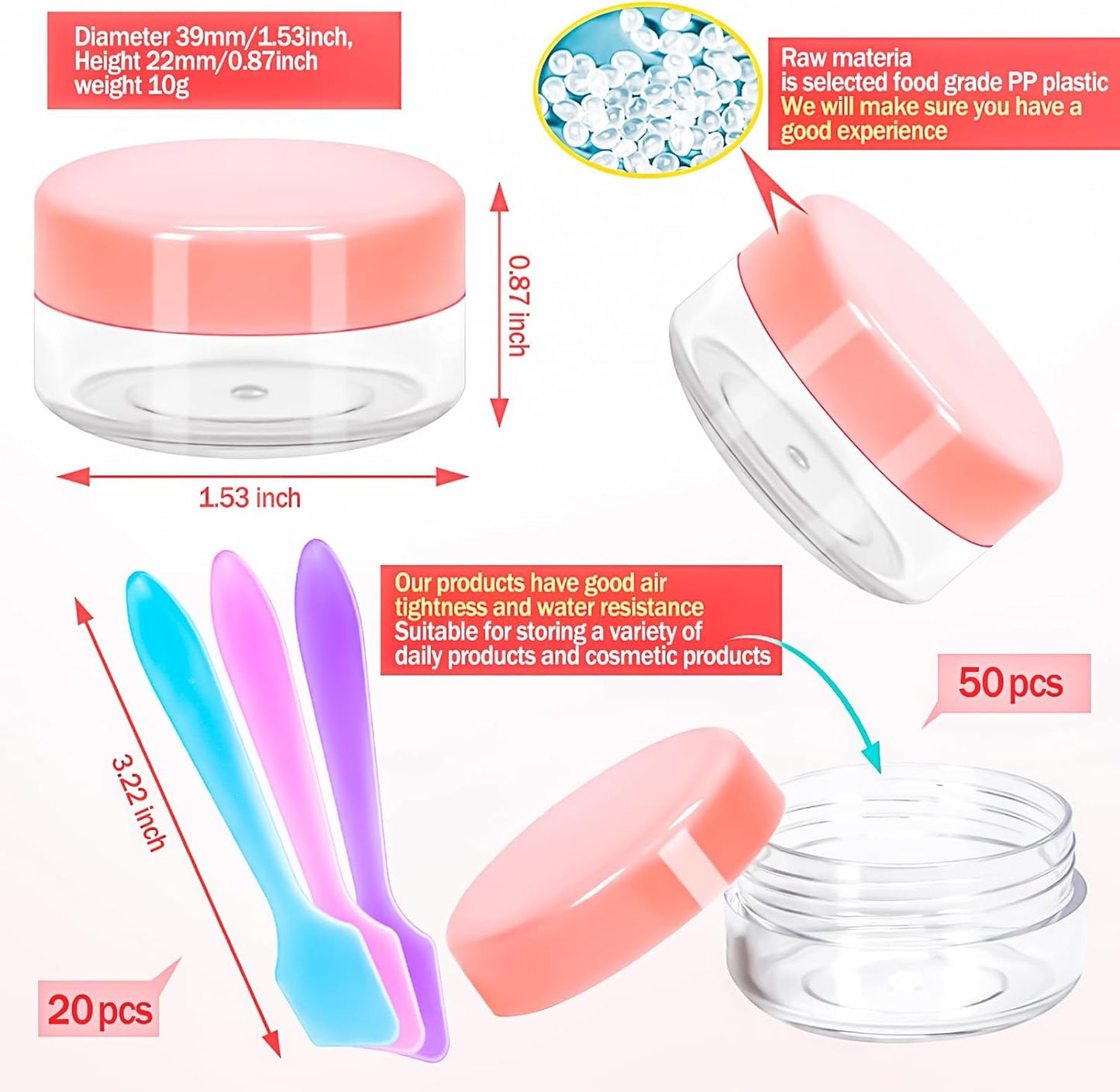 MotBach 50Pack 10g Small Plastic Cosmetic Containers with Lids, 10gram Plastic Makeup Containers Jars with Spatulas, 10ml Sample Jars Travel Size Containers for Toiletries Lip Balm Slime Cream Lotion