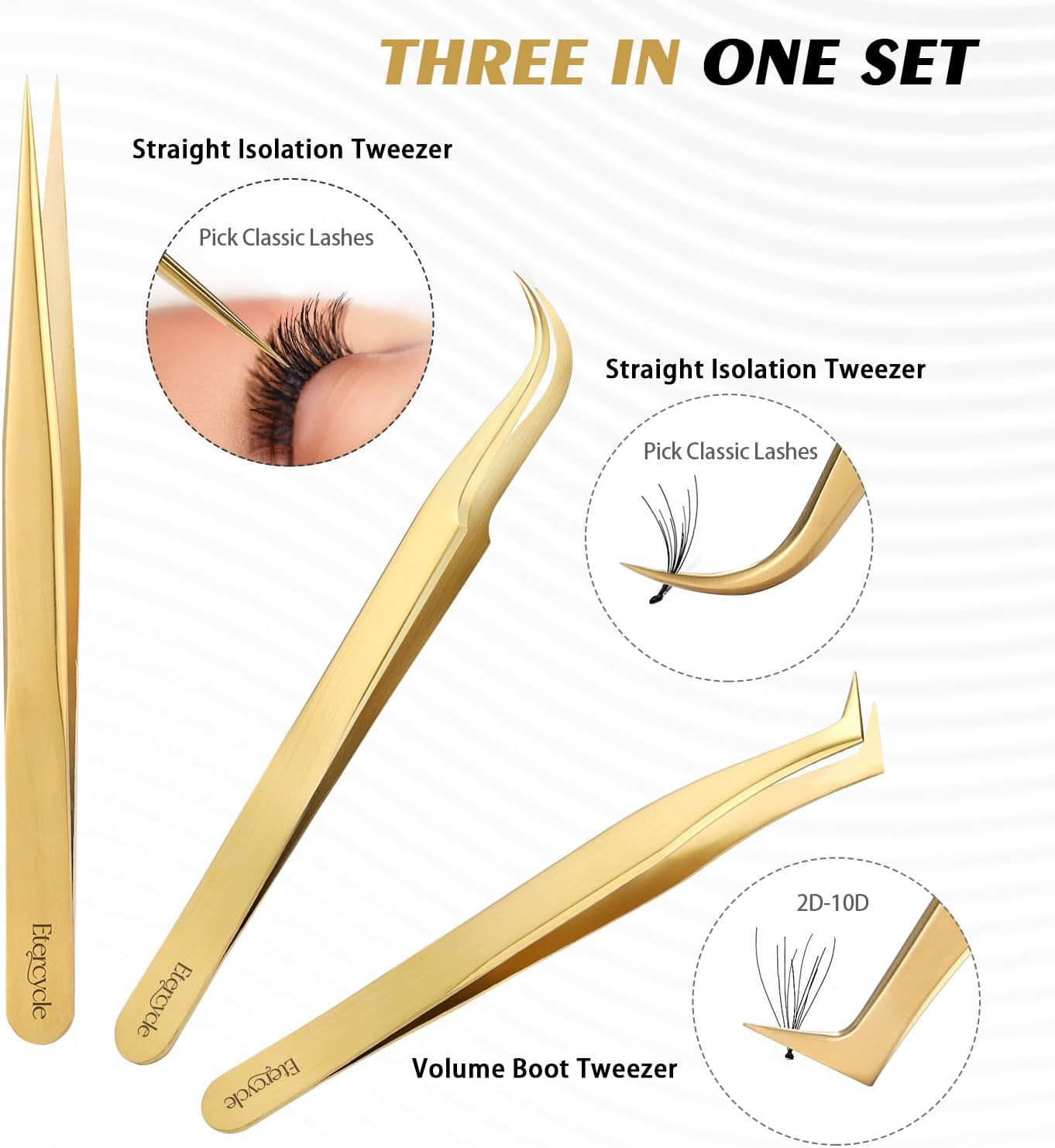 Etercycle High Precision Lash Tweezers Set - Includes 5 Stainless Steel Eyelash Tweezers for Classic Individual and Volume Lash Extensions. Complete with Storage Box