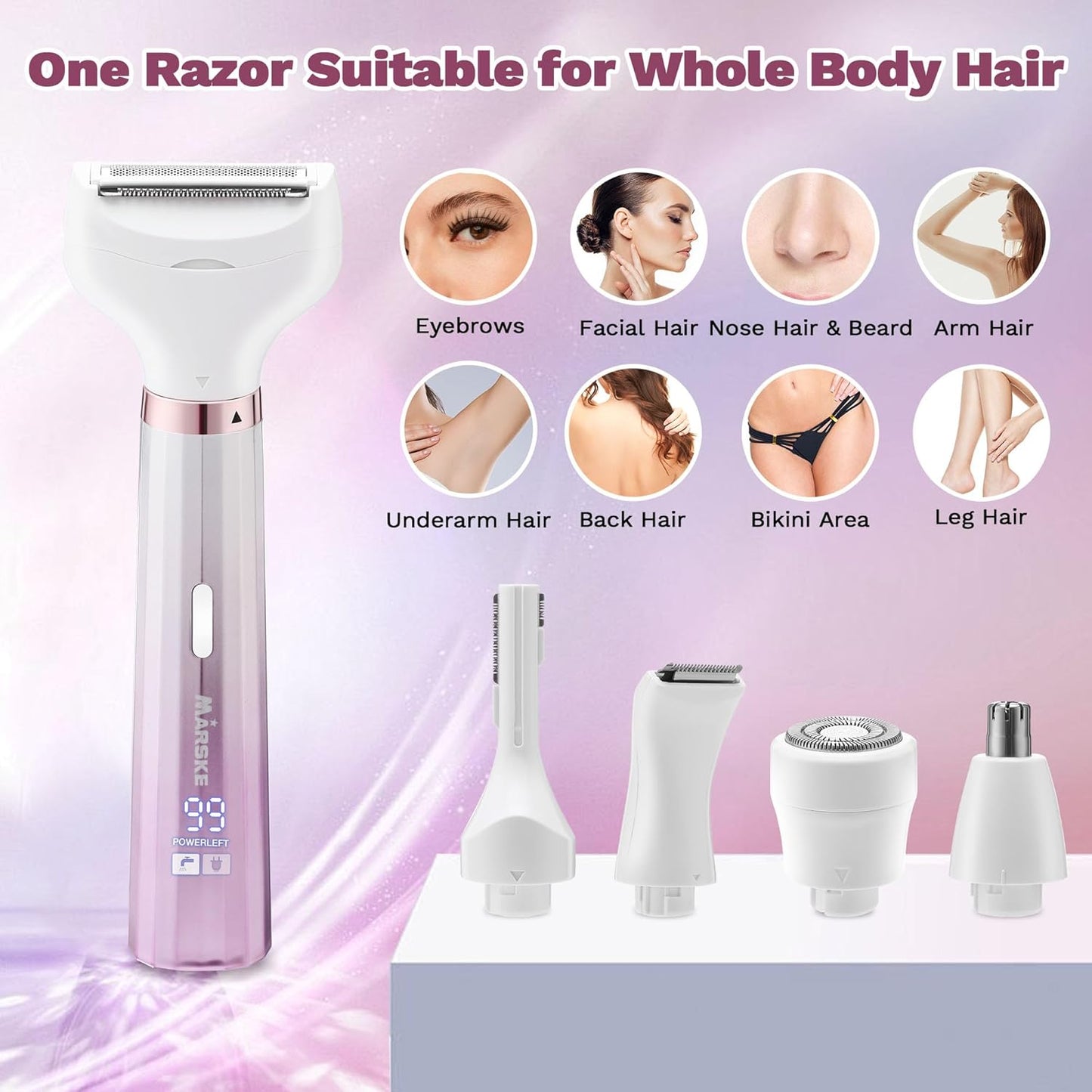 Electric Shavers Razors for Women, 5 in 1 Bikini Trimmer for Women, Wet/Dry Womens Electric Shaver Razor, Face Shaver for Face Nose Eyebrow Arms Armpit Legs Pubic Area, Facial Hair Removal