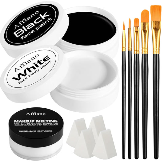 Black & White Face Paint Kit – Large 50g Oil-Based Grease Makeup Jars with Remover, 5 Brushes & 4 Sponges – Halloween, Cosplay & Stage SFX Makeup Set
